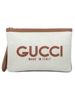 Gucci Clutch Logo Beige Handbag Wrist Strap Pouch Brown Silver